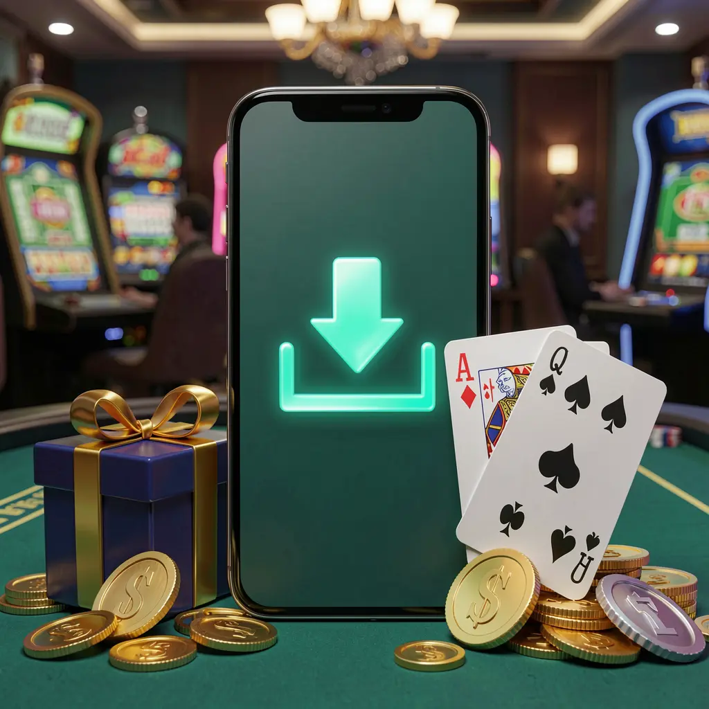 MY888 casino app download concept showing a smartphone with a download icon surrounded by golden coins, a gift box, and playing cards in a modern mobile gaming atmosphere