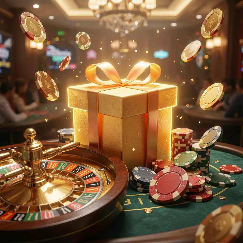 Festive casino scene featuring a glowing gift box, roulette wheel, poker chips, and flying coins, highlighting the MY888 welcome bonus with cinematic lighting and high detail