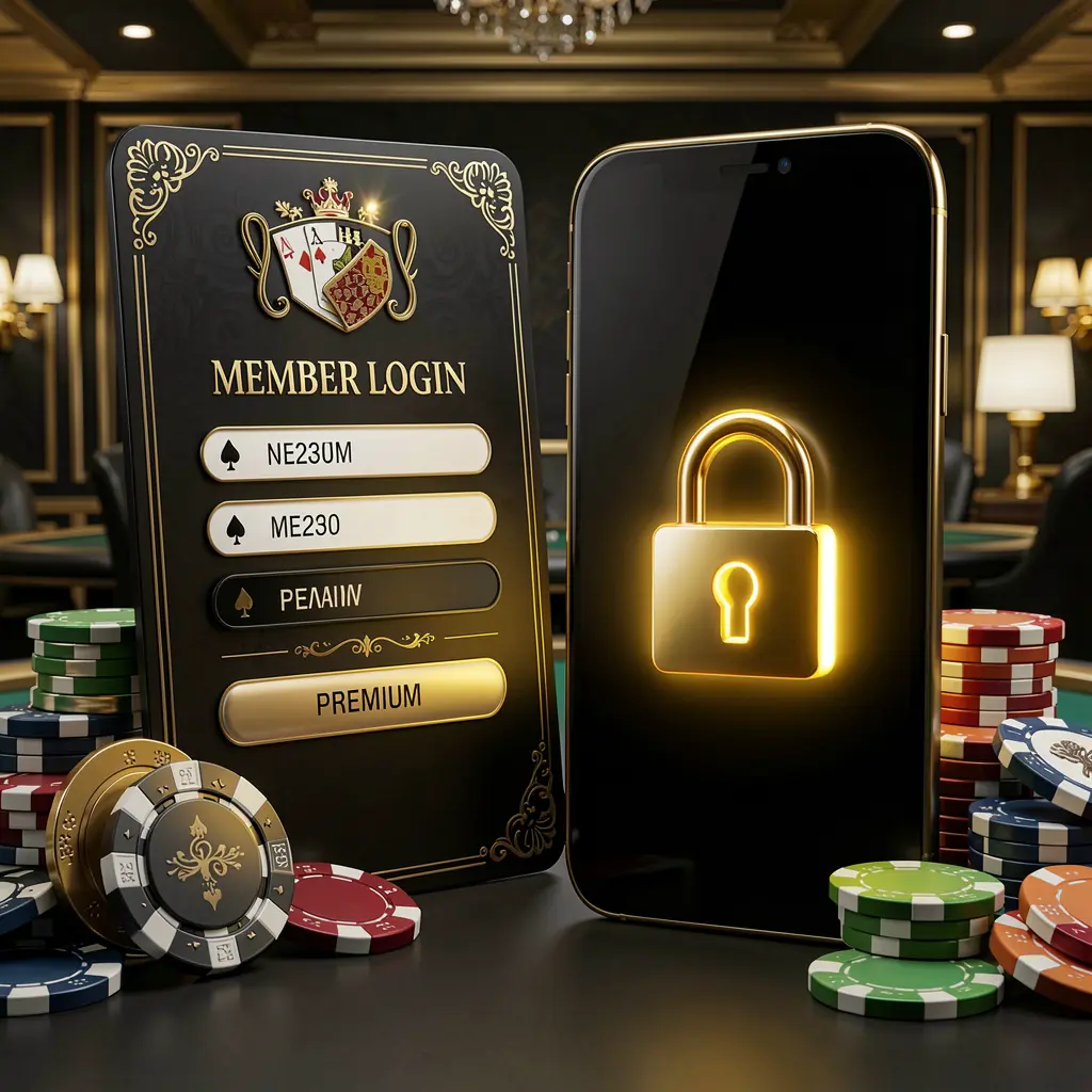 MY888 casino member login concept showing a premium membership card beside a smartphone with a glowing lock symbol, poker chips and coins on a black and gold luxury background in a realistic 3D illustration