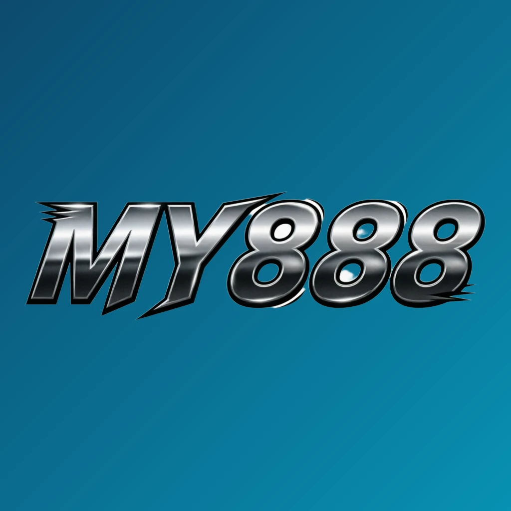 Dynamic sports-style MY888 logo with sharp shapes and motion effect, featuring bold readable letters in a wide horizontal rectangular wordmark on a transparent background