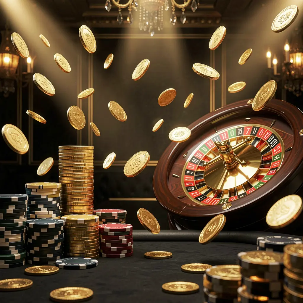 MY888 online casino main page background with dramatic casino lights, golden coins flying, poker chips stacked in the foreground, and a roulette wheel behind in a luxury black and gold atmosphere